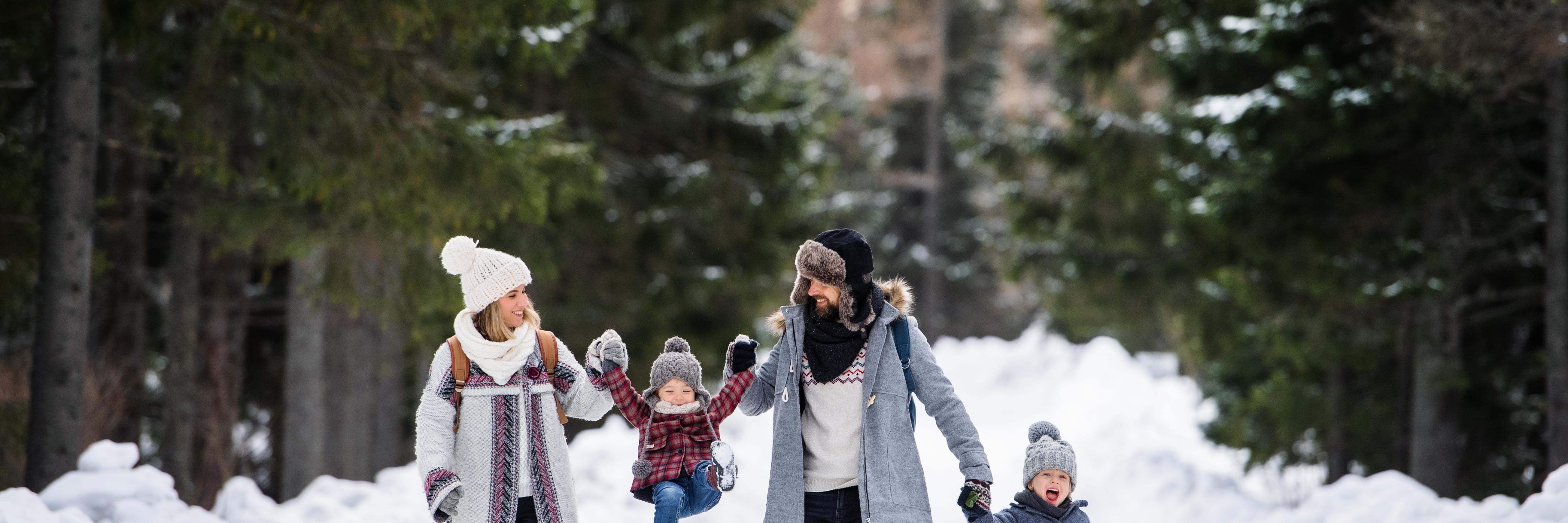 Family walk winter snow